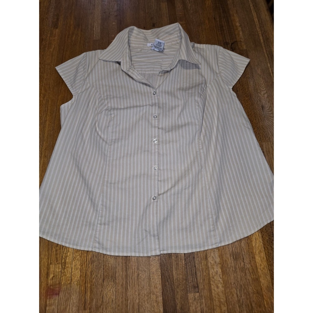 George Women 18/20W Stretch Beige Pinstripe Button Down Cap Sleeve Collared‎ Top